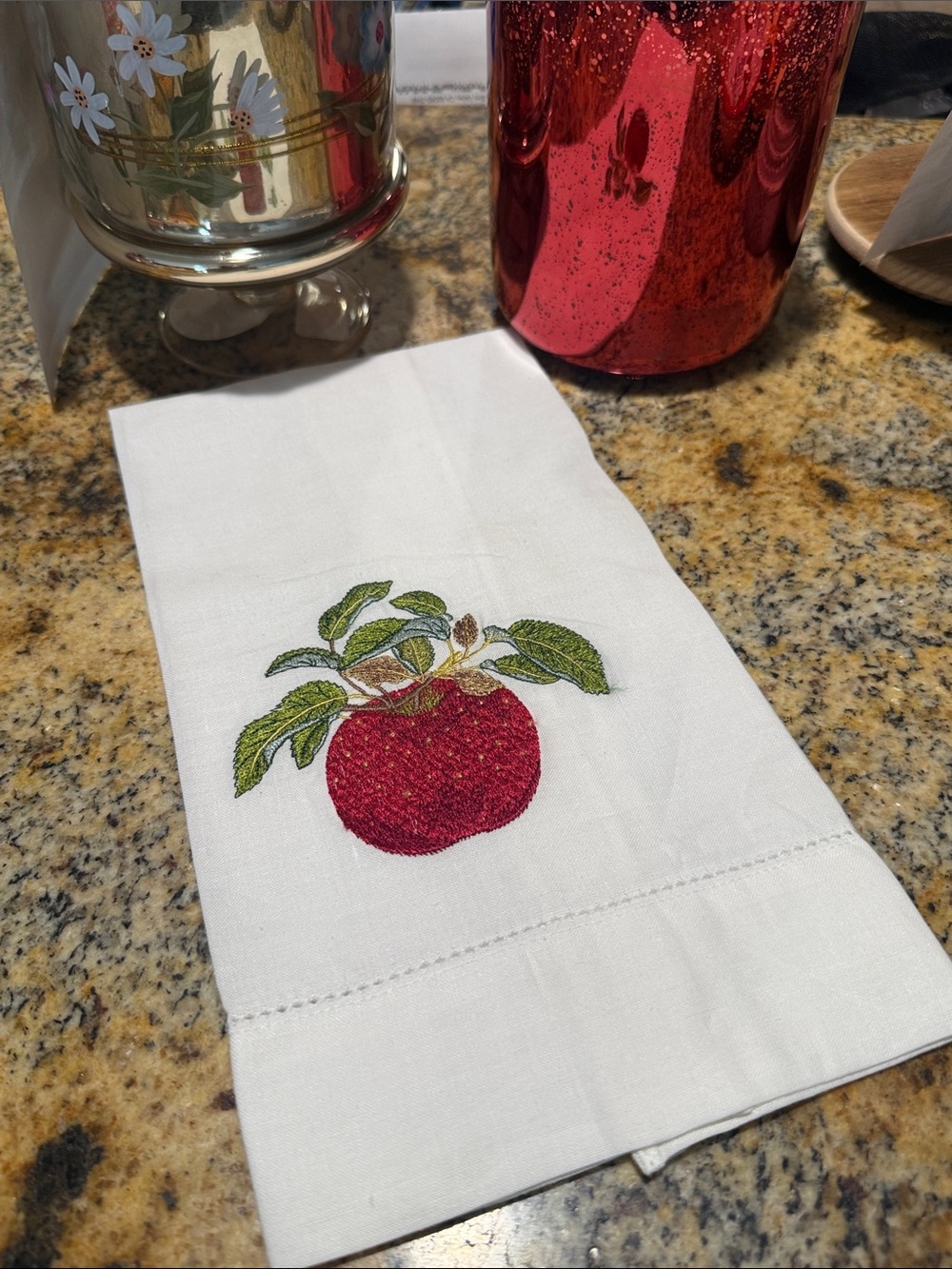 Sweet Elegant White Cotton Kitchen Towel with Red Apple Embroidery